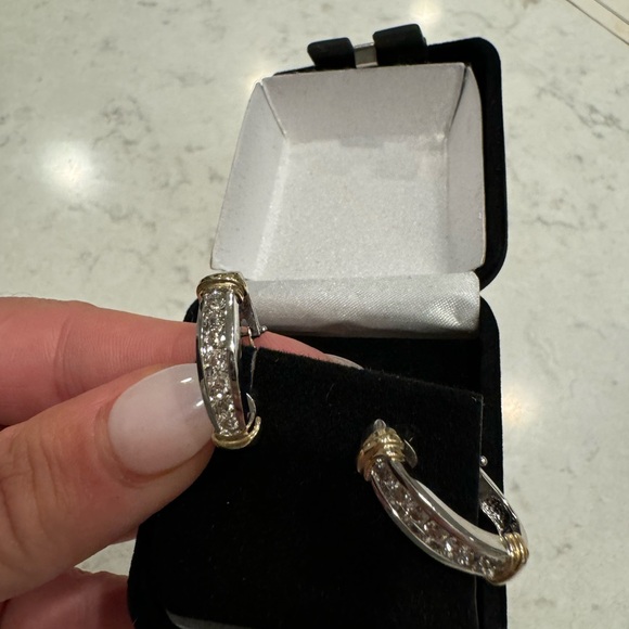 Omega-Back Two-Tone 14K gold Diamond Earrings - Picture 8 of 16